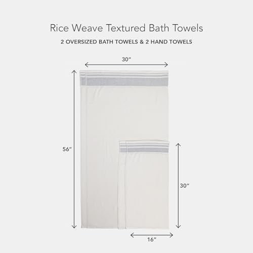 TexereSilk Organic Cotton Luxury Bath Towel Set - Cream w/Black Rice Weave, 2 Bath & 2 Hand Towels