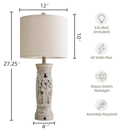 27.25-Inch Farmhouse Table Lamps Set of 2 with Night Light - Rustic Distressed Wood Finish