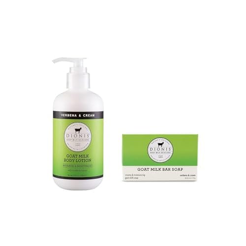 Dionis Goat Milk Skincare Verbena & Cream Scented Lotion (8.5oz) and Hand & Body Bar Soap (6oz) Bundle - Made in USA - Cruelty Free and Paraben Free Formula