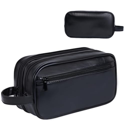 Mens travel toiletry bag Gift For Men, PU Leather Cosmetic Bag Water Resistant Dopp Kit Shaving Pouch Bathroom Toiletries Organizer(Black)