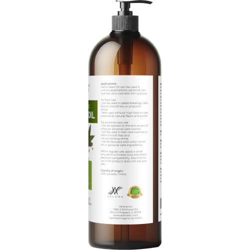 Velona USDA Organic Hemp Seed Oil - 32 Fl Oz Cold Pressed with Pump - Organic Hemp Oil