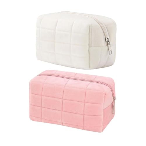 Pink White Checkered Y2K Makeup Cosmetic Bag - Small Plush Travel Pouch