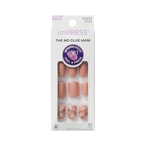 KISS imPRESS No Glue Mani Press On Nails, Design, 'Kingdom', Pink, Short Size, Squoval Shape, Includes 30 Nails, Prep Pad, Instructions Sheet, 1 Manicure Stick, 1 Mini File