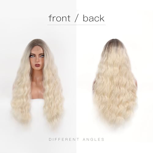 T-color Ombre Platinum Blonde Long Wavy Wig for Women 28 Inch Synthetic Curly Style