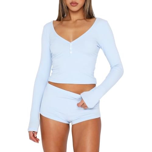 REVETRO Fall Womens 2 Piece Pajama Sets Sexy PJ Shorts Y2k V Neck Long Sleeve Lounge Set Sleepwear with Button Down