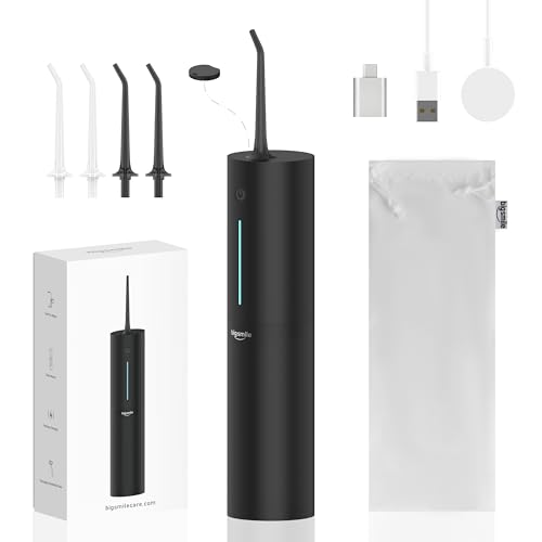 Bigsmile Portable Cordless Water Flosser Black for Travel & Kids Braces, IPX7 Waterproof