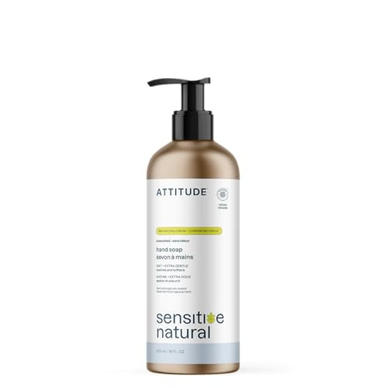 ATTITUDE Gentle Hand Soap for Sensitive Skin, EWG Verified, Enriched with Oats, Dermatologically Tested, Vegan, Unscented, Aluminum Bottle, 16 Fl Oz