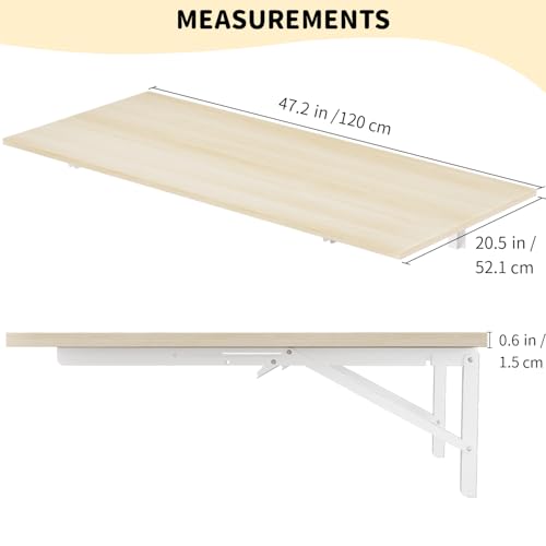 Wall Mounted Folding Kitchen Table Desk - Natural Wood, 47x20.5 Inches — Space Saving Fold Down Workbench for Small Spaces
