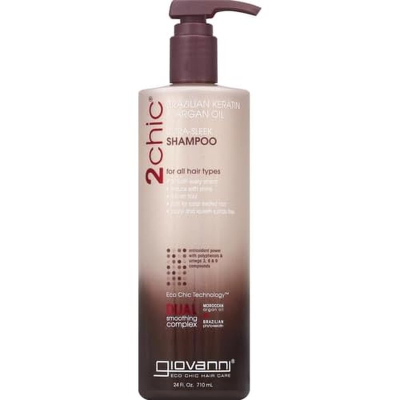 GIOVANNI 2chic Ultra-Sleek Shampoo - Brazilian Phyto-Keratin & Moroccan Argan Oil, Anti-Frizz Formula, Coconut, Shea Butter, Pro-Vitamin B5, Color Safe, Paraben Free - 24 oz