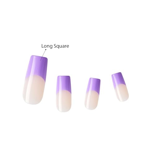 KISS Acrylic French False Nails Kit, Long Square Shape Design Nail, Purple Color French Tip Nails, Ready to Wear Gel & Manicure Stick Included, Long-Lasting Convenient & Easy to Apply
