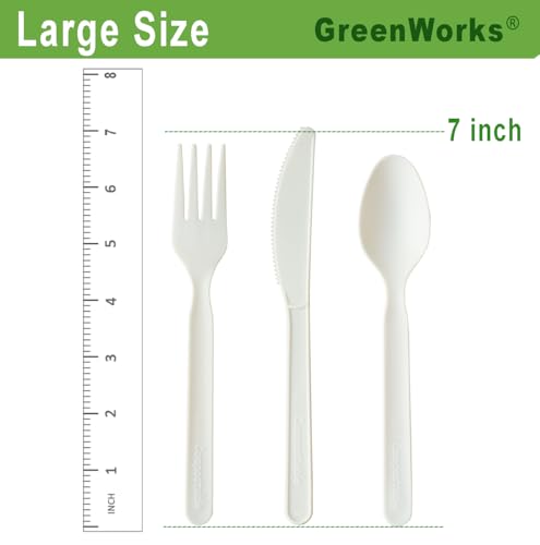 GreenWorks 7-inch Heavy-duty Compostable Cutlery Kit - 200 Sets BPI Certified Eco-Friendly Utensils with Napkins & Bags
