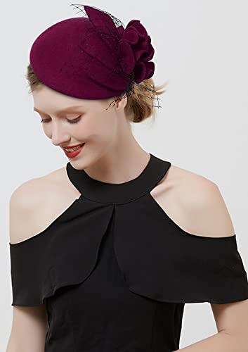 Vintage 1920s Wool Felt Flower Fascinator Pillbox Hat with Variation 018 Wine Red for Women