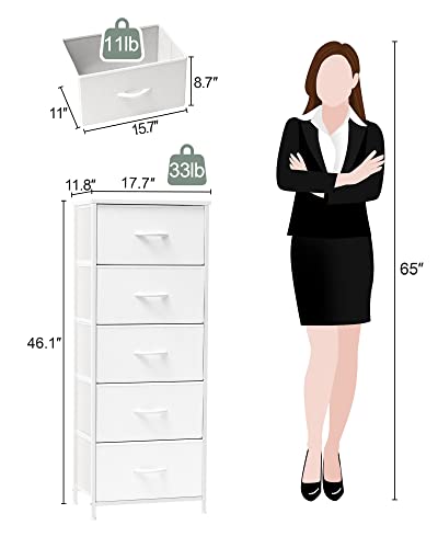 White Tall Fabric Storage Tower Organizer with 5 Drawers - Narrow Vertical Dresser
