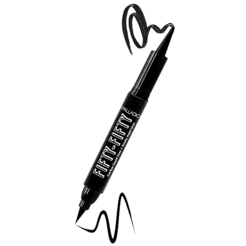 Palladio Fifty-Fifty Eye Liquid Liner, Dual Ended, Professional Eye Styling, Ultra-Soft Kajal crayon and Super Precise Fiber Tip Liner, Smoky and Defined Looks, Smudge Proof, Quick Drying, Black Cat