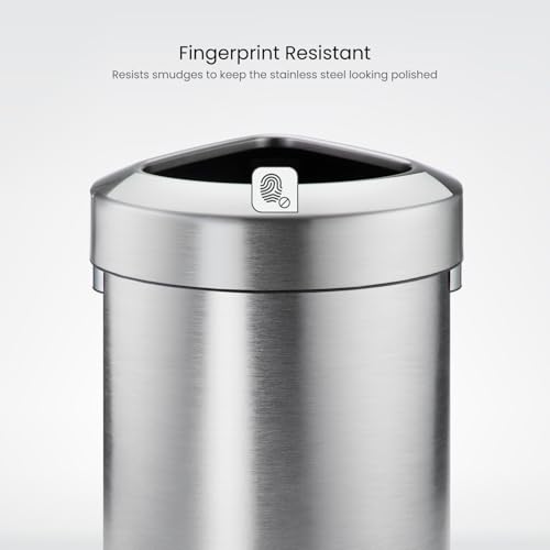 Commercial 16-Gallon Stainless Steel Trash Can with Open Top Lid - Brushed Silver, Triangular