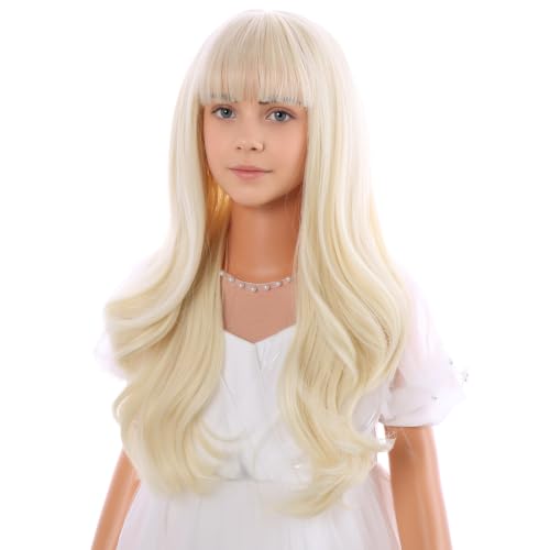 Kids Blonde Wig with Bangs - Light Blonde, Long Curly Wavy Costume Wig for Girls