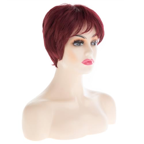 RicHyun Burgundy Pixie Cut Wig with Bangs – Short Natural Synthetic Wig for Women
