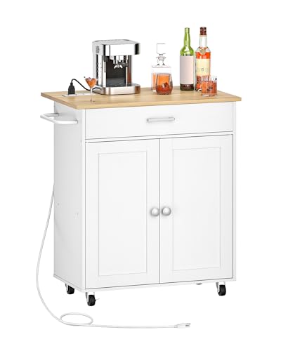 Kitchen Island Cart with Drop Leaf, Power Strip, Storage Cabinet & Drawer - White & Natural