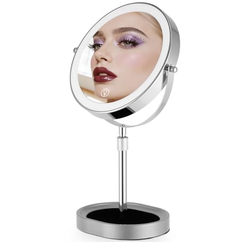 Rechargeable Adjustable-Height Makeup Mirror with 3 Color Lights,Touch Screen and Dimmable Settings,8'' Dual-Sided 1X/10X,360¡Æ Rotation Vanity Mirror with Jewelry Tray,Lighting Cosmetic Mirror