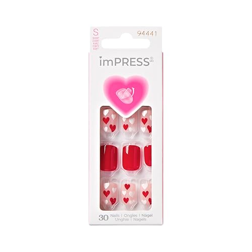 KISS imPRESS Valentine¡¯s Day Press On Nails, ¡®Full Heart¡¯, Red, Short Squoval, No Glue Needed, Up to 10-Day Superior Hold, Includes 30 Fake Nails, Prep Pad, Mini Nail File & Manicure Stick