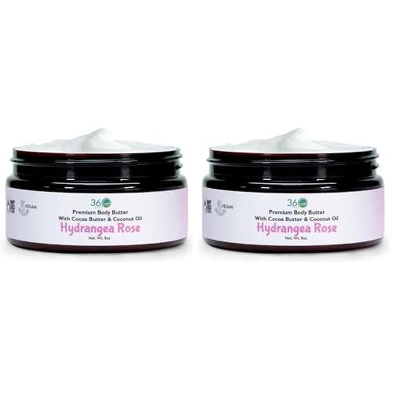 360Feel Hydrangea Rose Body Butter - Cocoa & Shea Butter - Coconut & Olive Oil - Plant-based Formula - Nourishing Moisturizer for Sensitive Skin - Non-greasy Daily Skincare (Pack of 2)