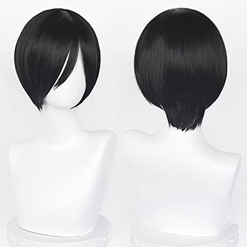 Short Black Bob Wig for Women Men, Straight Synthetic Hair, Halloween Carnival Party