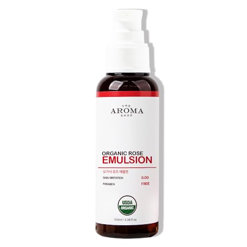 [USDA] TheAromaShop Organic Rose Emulsion, Hydrating Non-Greasy Formula with Rose, Aloe & Jojoba Oil - Targets Dryness & Strengthens Skin Barrier, 3.38 fl oz (100 ml)