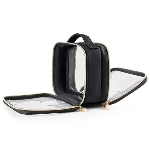 Yarnic Clear Travel Makeup Bag Transparent Portable Toiletry Bags Two Compartments Cosmetic Bag with Handle Nylon and PVC Makeup Organizer Pouch Black