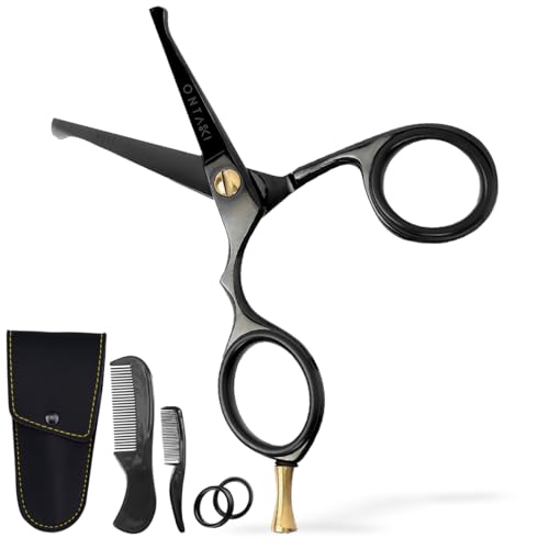 Ontaki Beard and Mustache Scissors For Men - 4.2-inch, Black, 420C Japanese Steel, Multipurpose Round Edges - Mens Grooming Scissors for Styling - Beard Trimming Kit for All Hair Types