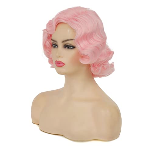 Pink Short Curly Finger Wave Wigs for Women - Vintage Cosplay Halloween Hair