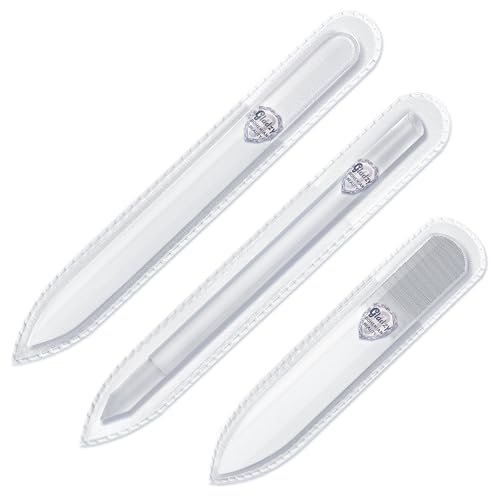 GLADZY Czech Glass Nail File Set with Glass Nail Shiner & Cuticle Pusher? 3 pcs Manicure Kit with Case, Multi-Functional Nano Buffer, Manicure Stick, Etched Crystal File for Natural Nails, Made in EU