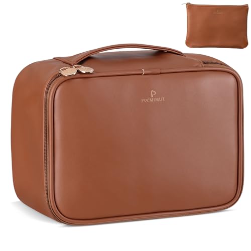 Brown PU Leather 2-in-1 Large Makeup & Toiletry Bag with Brush Holder