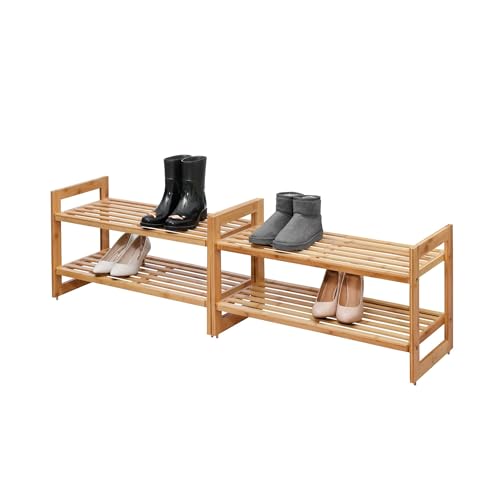 Stackable Bamboo Shoe Rack 2-Tier Organizer for Closet Entryway - 2 Pack