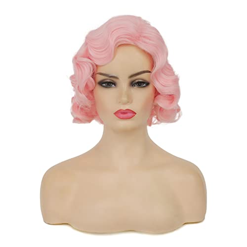 Pink Short Curly Finger Wave Wigs for Women - Vintage Cosplay Halloween Hair