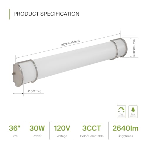 36-Inch Brushed Nickel LED Vanity Light Fixture, Dimmable 3CCT Over Mirror