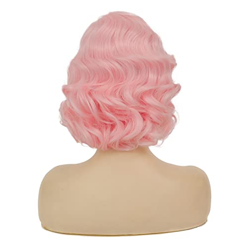 Pink Short Curly Finger Wave Wigs for Women - Vintage Cosplay Halloween Hair
