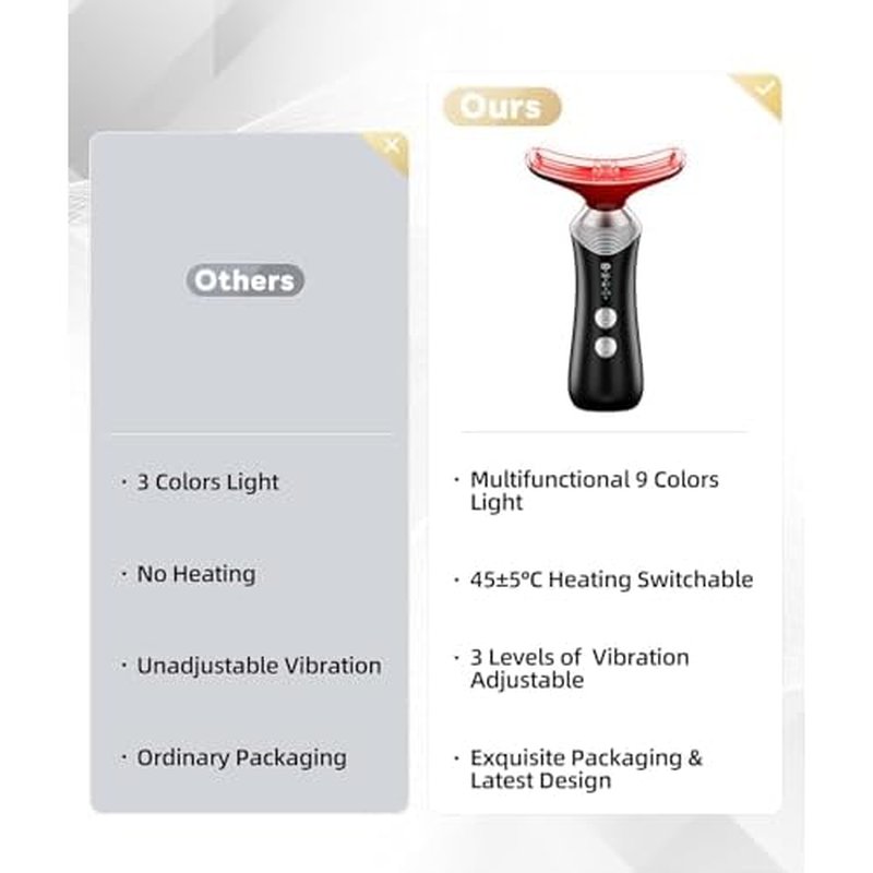 9-in-1 Red-Light-Therapy-for-Face-and-Neck, Portable Facial Massager Tool with Adjustable Vibration & Thermals for Wrinkles, Double Chin, Black
