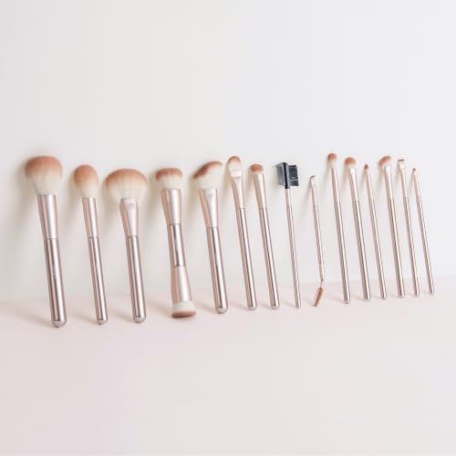 Makeup Brush Set - 15-Piece Face & Eye Cosmetic Tools in Champagne Gold