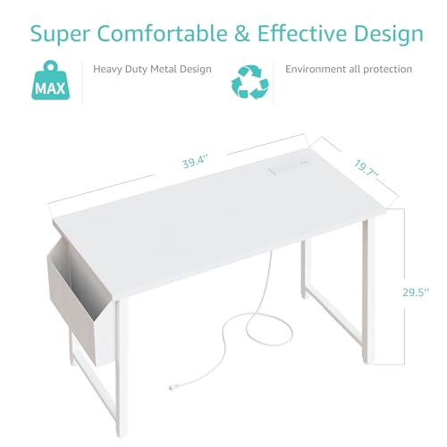 White Computer Desk with Power Outlet and USB Charging Station, 39.4 Inch Teen Study Table