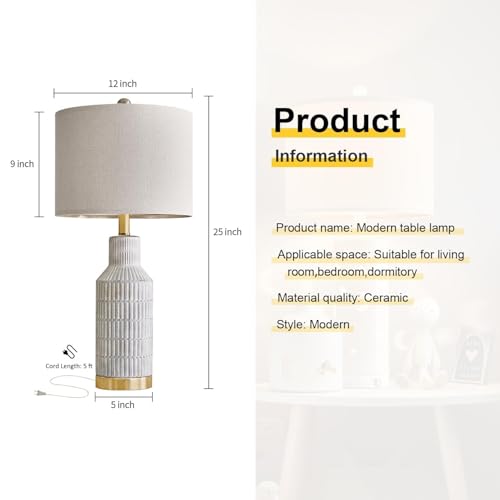 Set of 2 Modern 25-Inch White Washed Ceramic Bedside Table Lamps - Nightstand Lamps for Bedroom & Living Room - Includes Hardware & Linen Shades