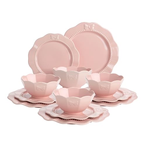 Pink Embossed Bow Dinnerware Set - 12-Piece Ceramic Service for 4 by Paris Hilton