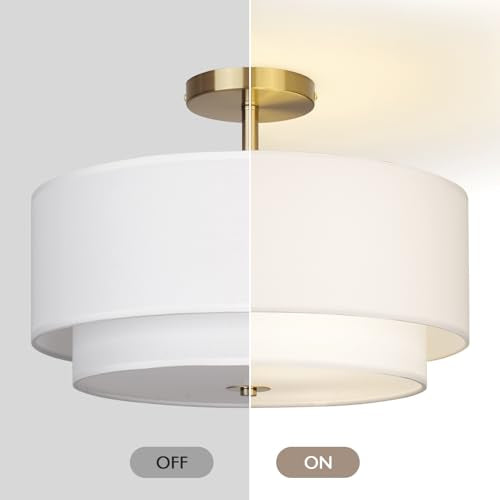 Gold 16-Inch Dual Drum Ceiling Light Fixture with White Fabric Shades