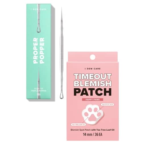I Dew Care Dual-Tip Pimple Popper - Proper Popper, 1 EA + Hydrocolloid Acne Pimple Patch - Timeout Blemish Happy Paws, 36 Count Bundle