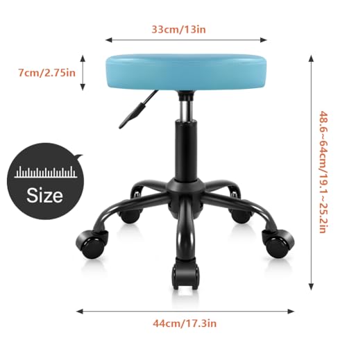 KKTONER Round Rolling Stool Height Adjustable Stool PU Leather Chair with Wheels Salon Spa Drafting stools Small Sky Blue
