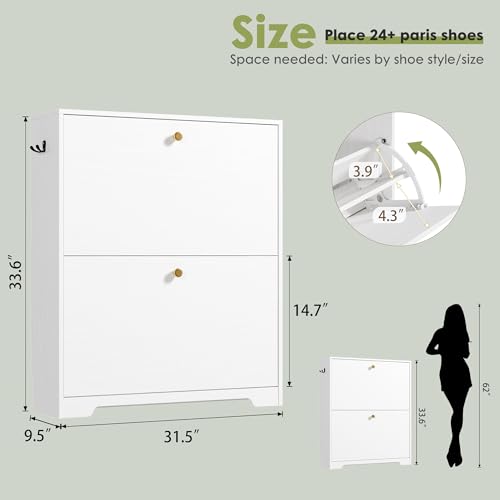Nicetree White Shoe Cabinet with 2 Flip Drawers, Narrow Entryway Organizer