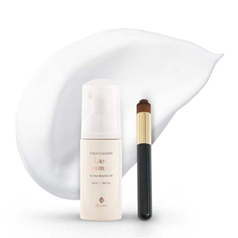 BL Lashes Eyelash Shampoo+ Brush, Eyelid Foaming Cleanser for Natural and Extension Lashes, Gentle Lash Bath and Makeup Remover for Salon and Home (50ml)