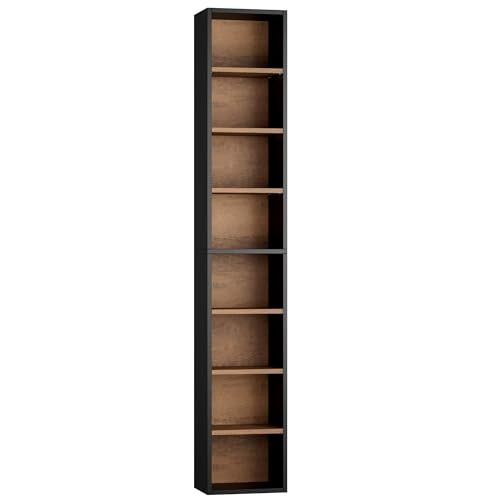 Black/Brown 8-Tier Narrow Bookshelf Tall CD Media Tower Rack - Adjustable Shelves