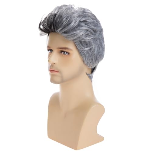 Men's Grey Wavy Wigs - Heat-Resistant Synthetic Party Halloween Cosplay Hair