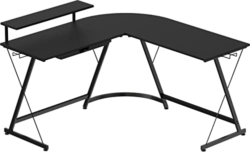 Black L-Shaped Corner Desk with Monitor Stand & Drawer - 51x51 Inch