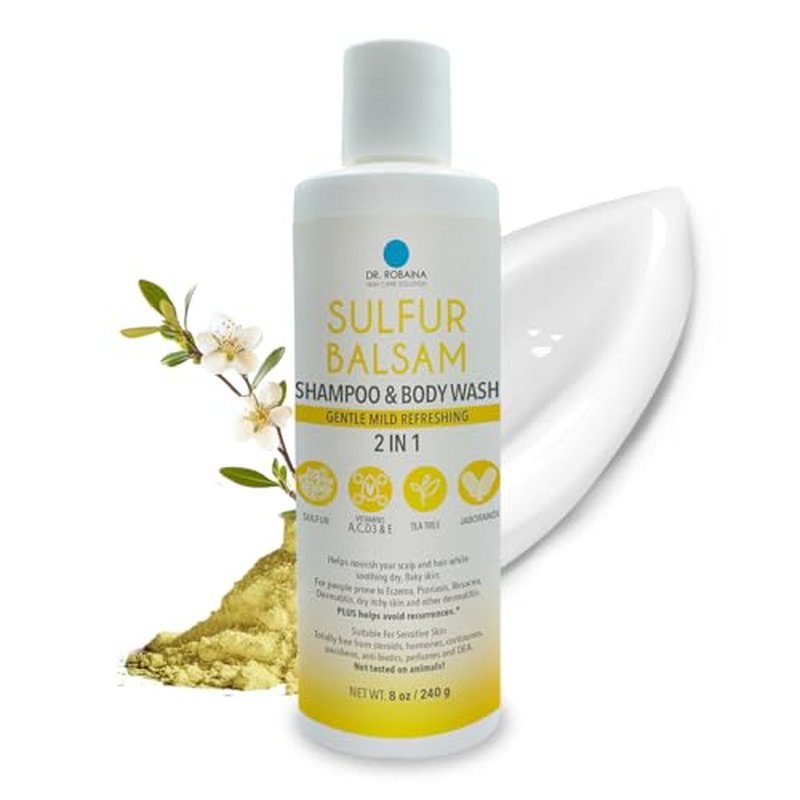 Dr. Robaina Sulfur Shampoo & Body Wash ? Helps Soothe Dandruff, Seborrheic Dermatitis, Folliculitis & Itchy Scalp ? Color-Safe, SLS-Free, Citrus-Mint Scent, 8 fl oz - Made in the USA